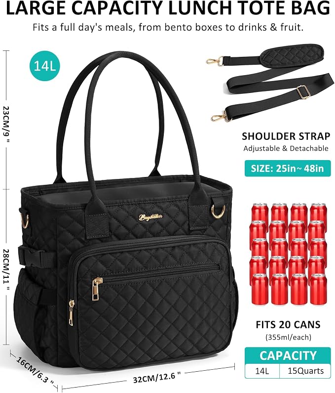 Lunch Box for Women Insulated Lunch Bag Quilted Soft Cooler Tote | 7 Pocket