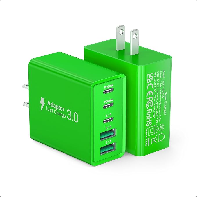 2 Pack 50W USB C Fast Charger Block, 5-Port Type C Wall Charger Brick, 2 USB A