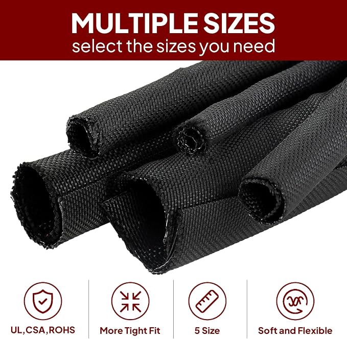 Black Braided Cable Management Sleeves Wire Loom Tubing Cord Protector