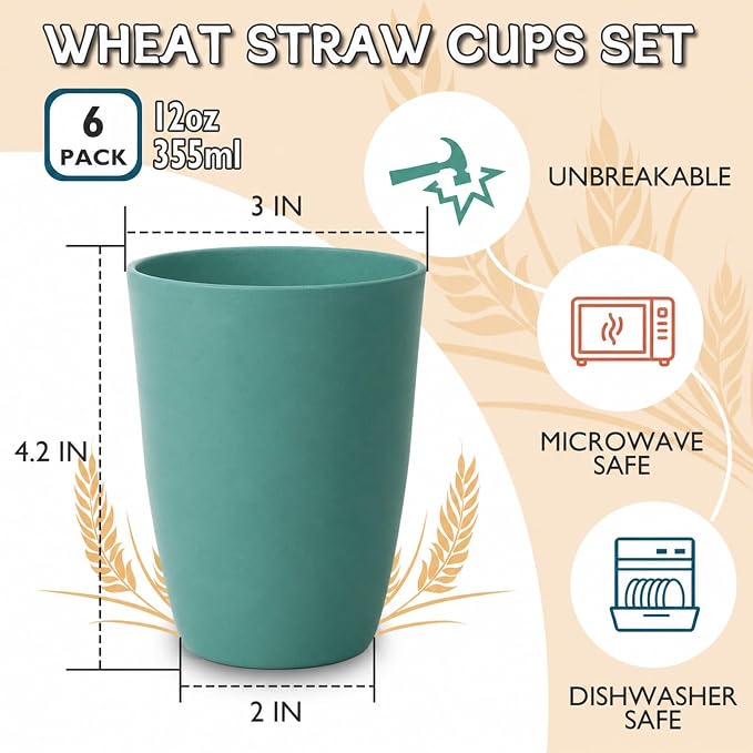 Wrova Wheat Straw Cups 6 PCS Good Alternative to Plastic Reusable Cups 12 oz