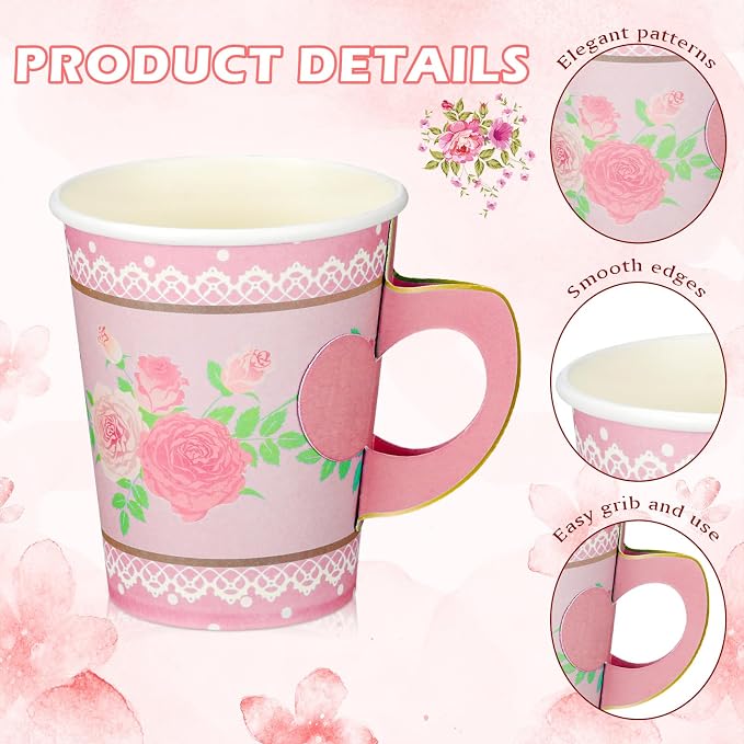 FillTouch 100 Sets Floral Paper Tea Cups and Saucers Disposable Paper Tea Party