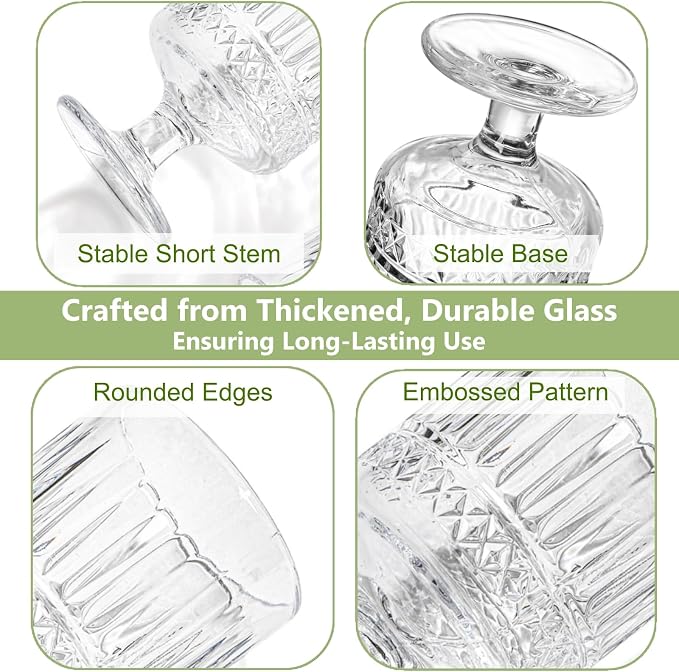 6 Pack Vintage Glass Goblets, 7.5 OZ Small Clear Wine Glasses, Retro Embossed