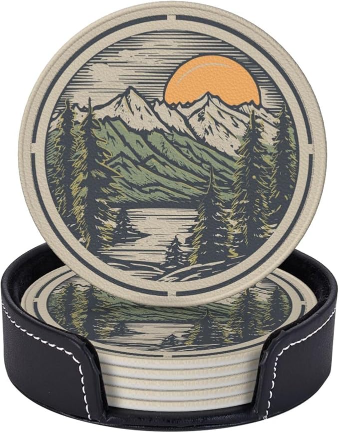Mountain Sunset Leather Drinks Coasters