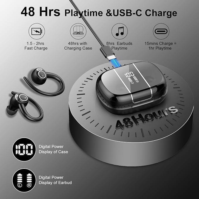 Wireless Earbuds Bluetooth 5.3 Headphones Sports, 48Hrs Playtime Bluetooth