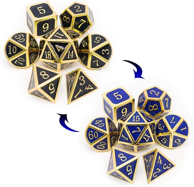 Haxtec Temperature Color Chaning Metal DND Dice Set Gold Blue Polyhedral D&D