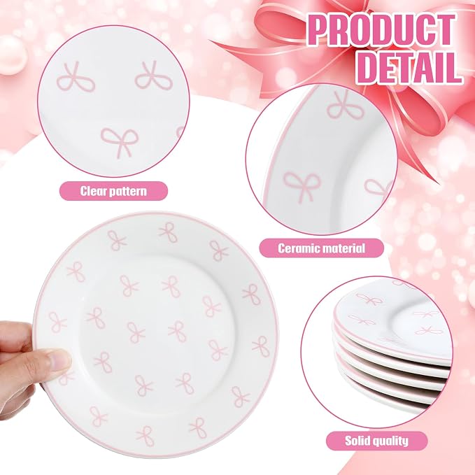 Honeydak 6 Pcs 6 Inch Pink Bow Ceramic Plates Coquette Bachelorette Tableware
