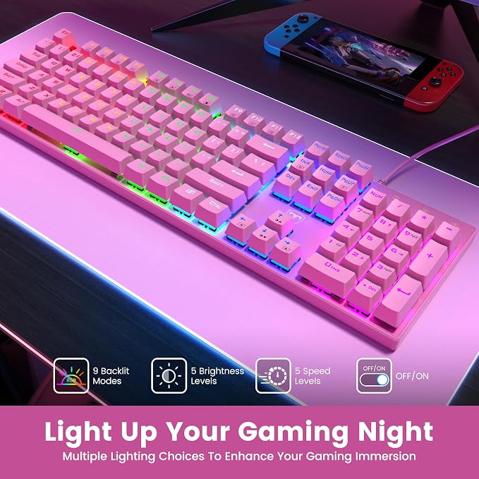 RisoPhy Mechanical Gaming Keyboard, RGB 104-Key Ultra-Slim Backlit USB Wired