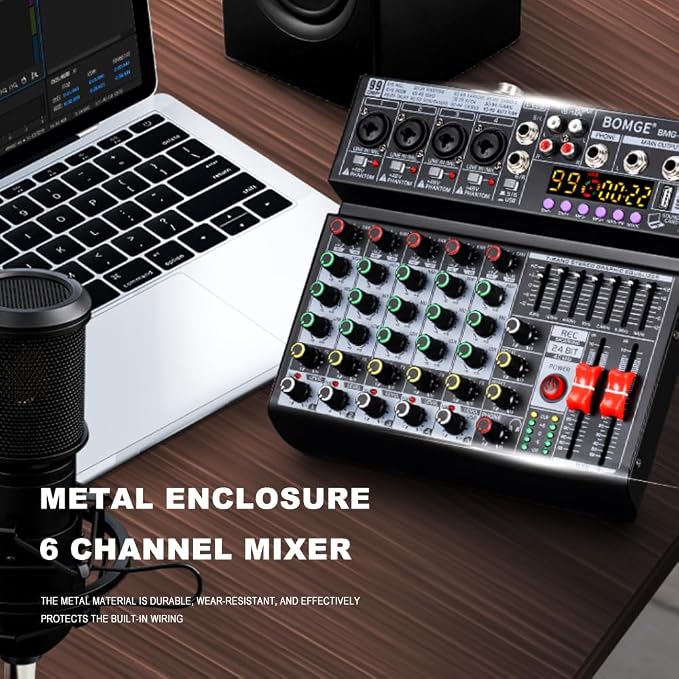 BOMGE 06A Professional 6 Channel DJ Audio Mixer, DJ Controller Sound Mixer