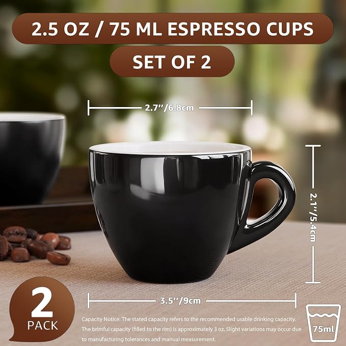 Pilnocok Ceramic Espresso Cups Set of 2, 2.5 oz Black Small Coffee Mugs |
