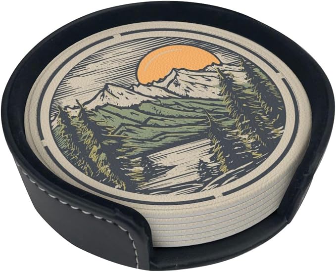 Mountain Sunset Leather Drinks Coasters