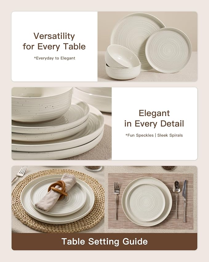 Stoneware Dinnerware Sets for 8, Plates and Bowls, Cream | 24-Piece Ceramic