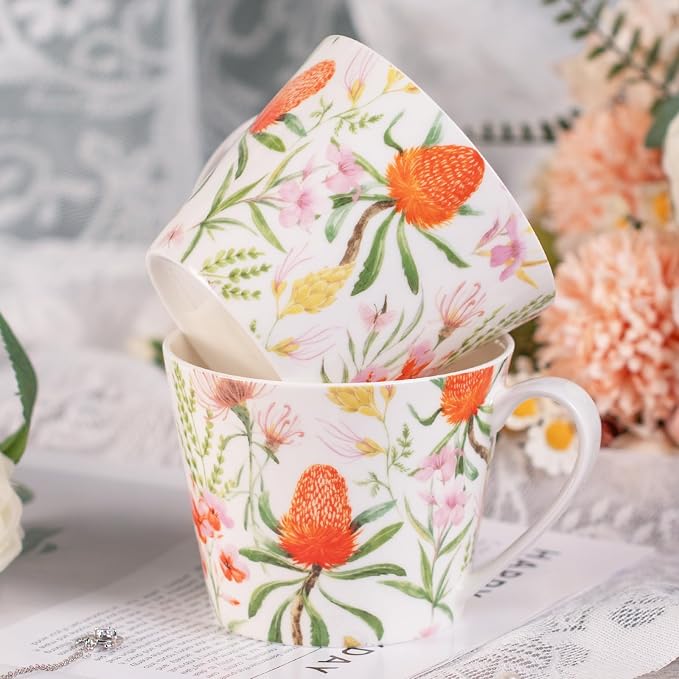 KAMMAK Bone China Coffee Mugs, 16oz Floral Tea Cups