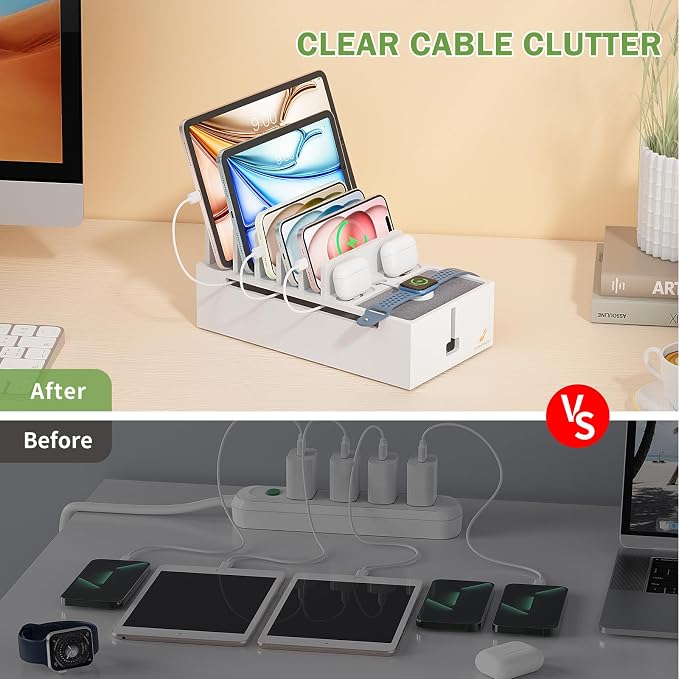 Pezin & Hulin Multi Charger Station Organizer Rack, Bamboo Cable Management Box