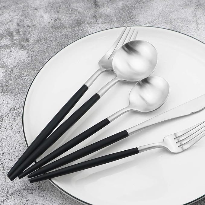 Black Handle Matte Silver Silverware Set