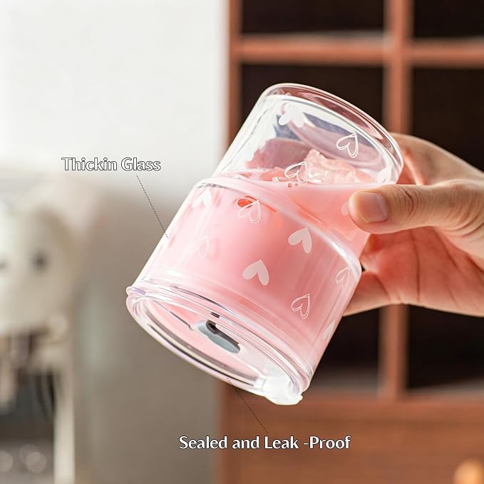 INSETLAN 13 oz Heart Decal Glass Tumblers Set of 2, Thick Wall Glass Cups
