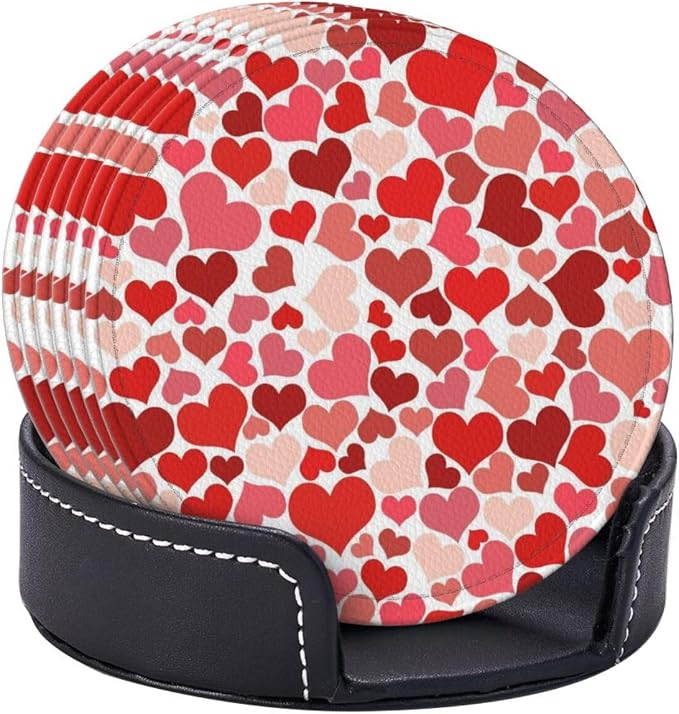Drink Coasters with Holder Stand Set of 6, Heart Shaped Decoration Pu Leather