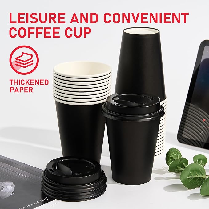 12 oz Paper Coffee Cups with Lids 100 Pack, To Go Cups,