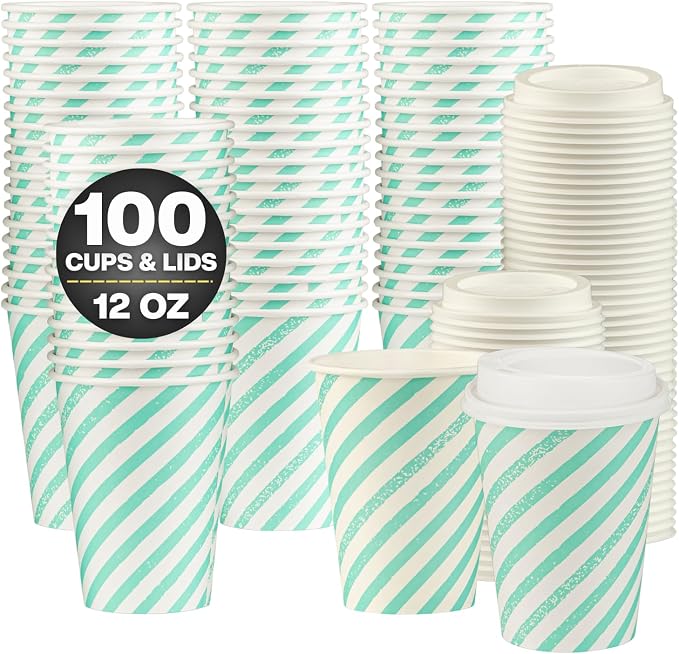 Disposable Coffee Cups with Lids, To Go Paper Hot Cups, Water Blue