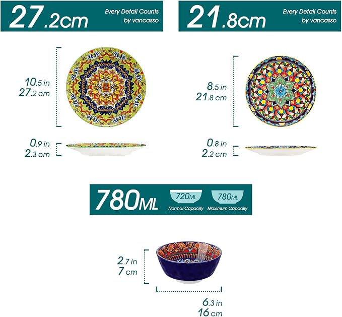 vancasso 18 Pieces Plates and Bowls Set, Bohemian Style Dinnerware Sets Service