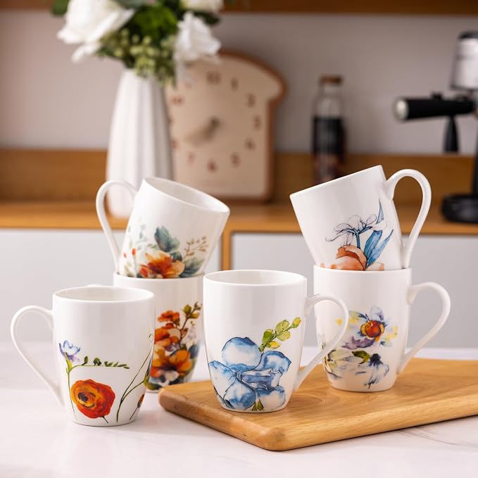 GBhome Floral Coffee Mugs Set of 6, 12 oz Ceramic Coffee Cups Set | Classic