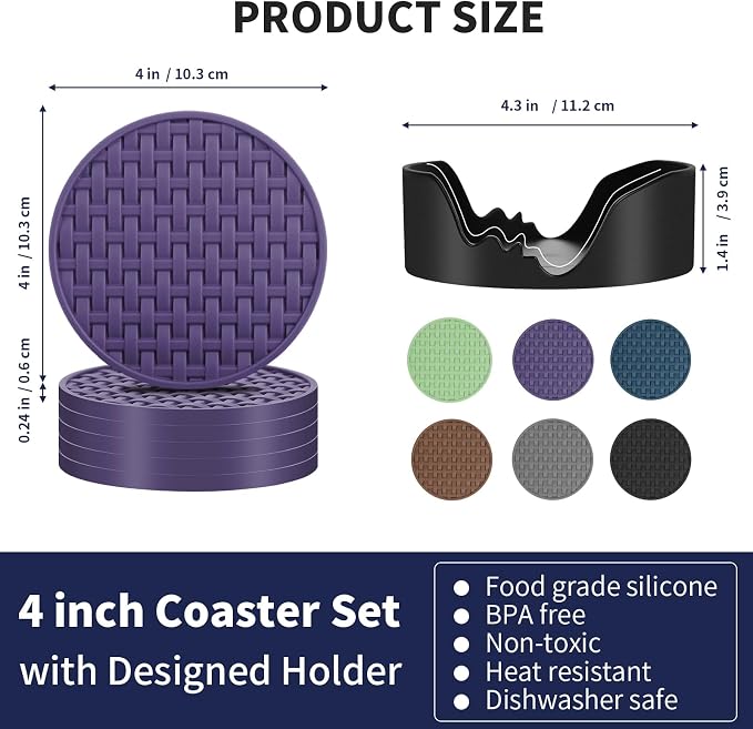 4 Inch Round Silicone Coasters Set of 6