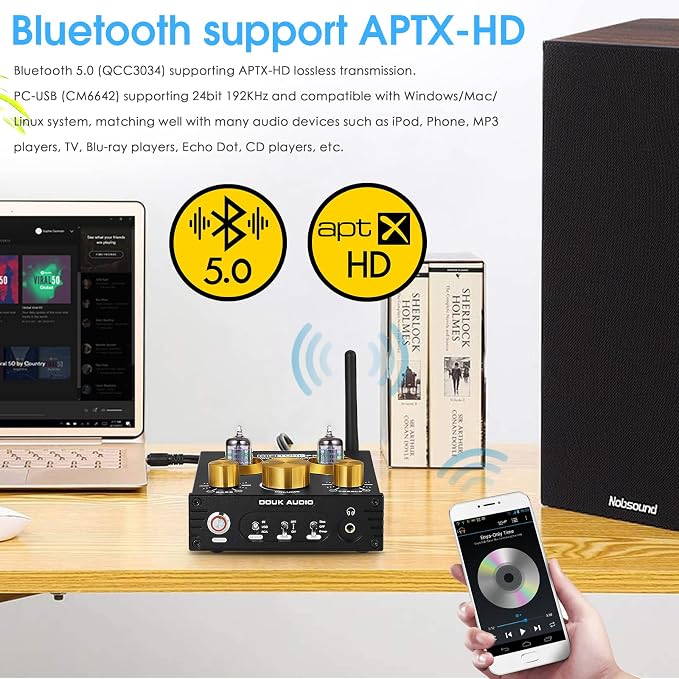 Douk Audio P1 Vacuum Tube Bluetooth Preamplifier, GE5654 Audio Preamp, Hi-Fi