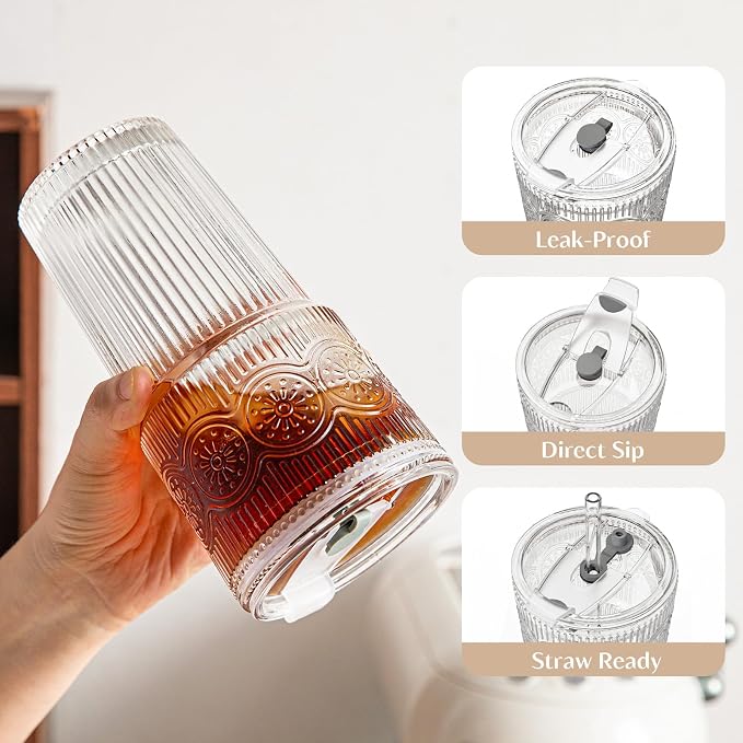 INSETLAN 20oz Ribbed & Floral Glass Tumblers
