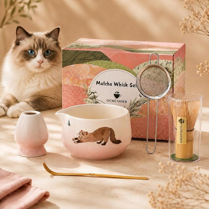 Matcha Set with Cat Pattern, 17 OZ Matcha Bowl, Matcha Kit