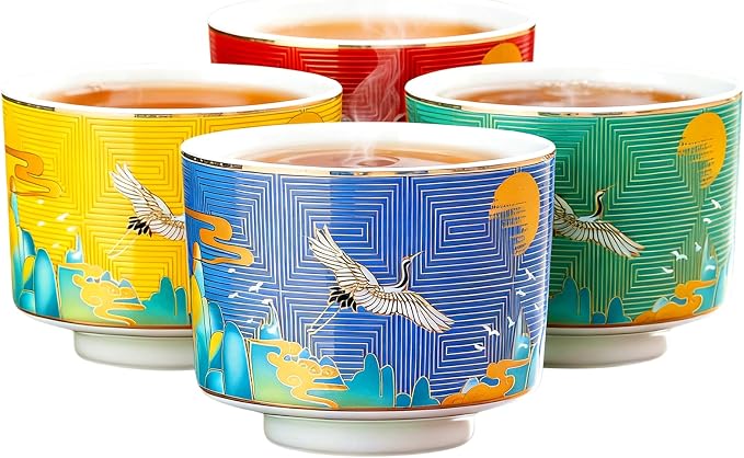 Chinese Tea Cups Set of 4, Crane Pattern Enamel Ceramic Cup, 4.3 oz | Handleless