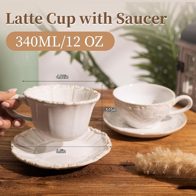 Ceramic Latte Cup with Saucer, 12 OZ Cappuccino Cup Vintage Cafe Art Cups