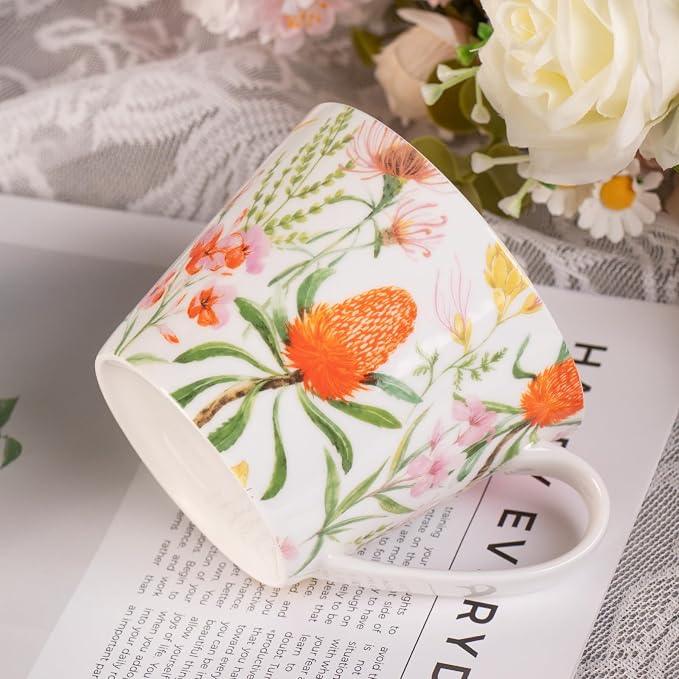 KAMMAK Bone China Coffee Mugs, 16oz Floral Tea Cups