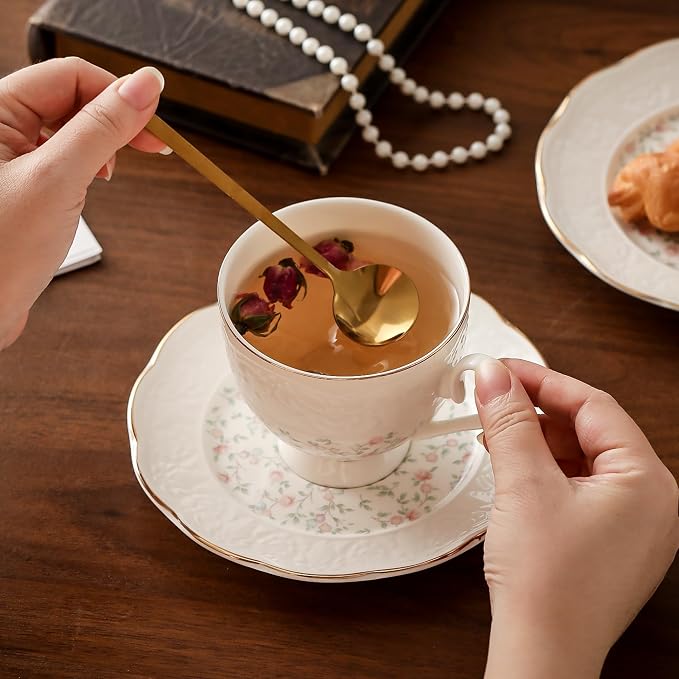 TATSUMI Interglio Embossed Bone China Tea Cup and Saucer Set, 3 Pieces Vintage