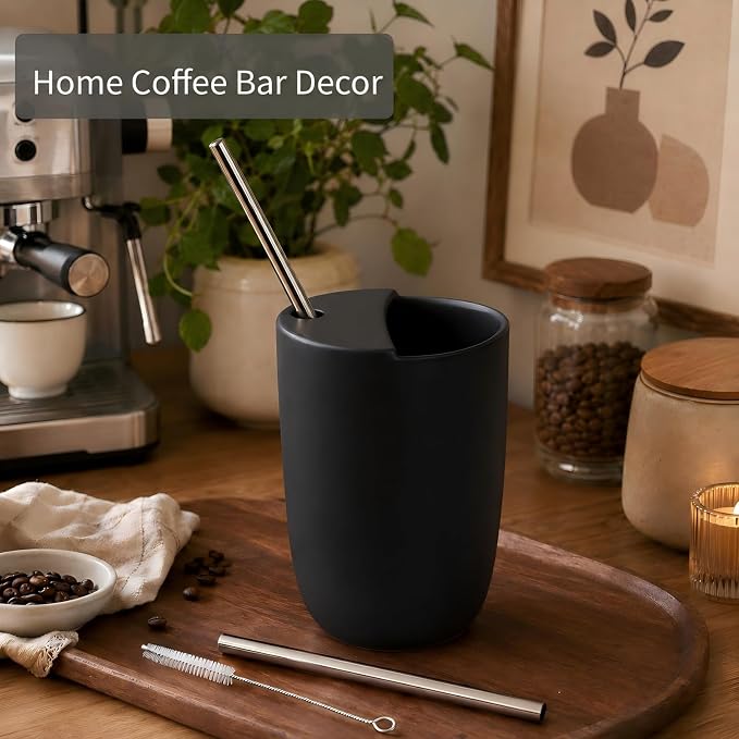 1 Pack Ceramic Coffee Mug with Sip Hole 9.5oz Retro Espresso Cup with Straw and