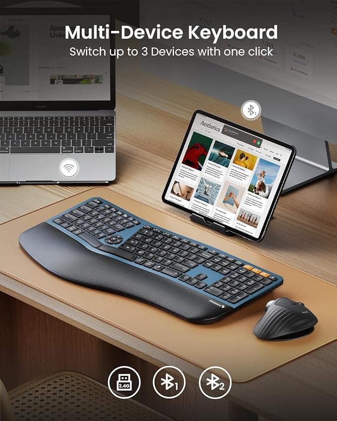 ProtoArc Backlit Bluetooth Ergonomic Keyboard, EK01 Plus Full Size Wireless