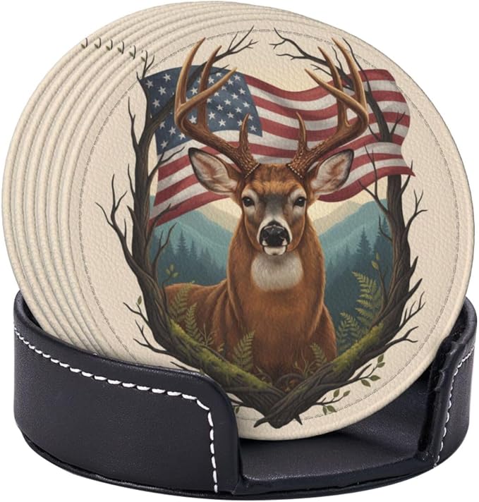 Rustic Patriotic Deer Antler Art Leather Coasters Set of 6
