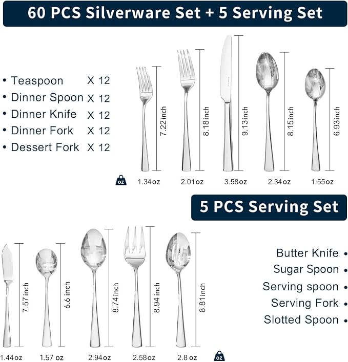 65 Piece Silverware Set for 12