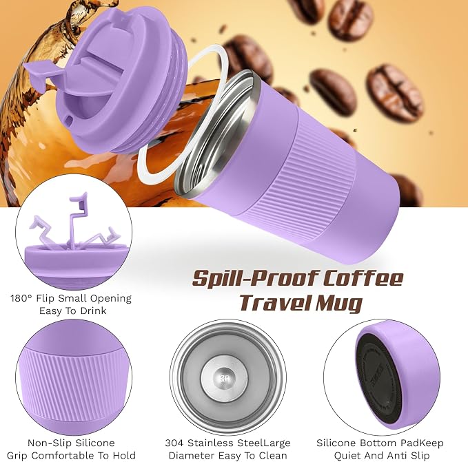 Vacuum Insulated Stainless Steel Travel Coffee Mug, Leak Proof Cup