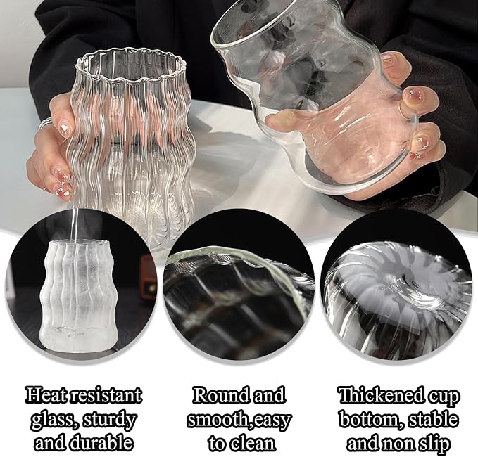 2 Pcs Ribbed Glass Cups 18 Oz Vintage Drinkware Wavy Ribbed Design Ideal