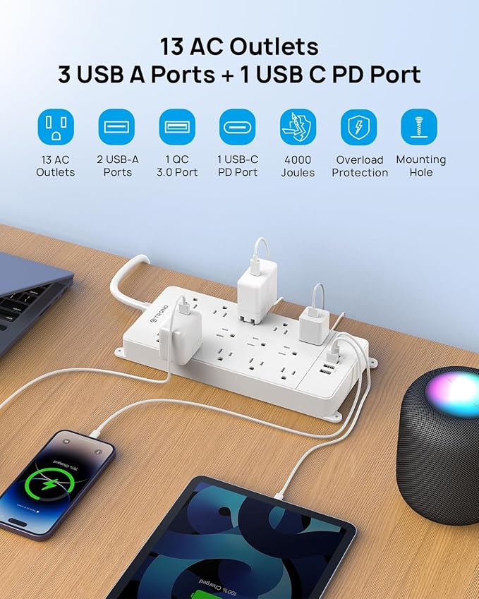 TROND Surge Protector Power Strip 15 ft, Flat Plug Extension Cord, 13 Wide