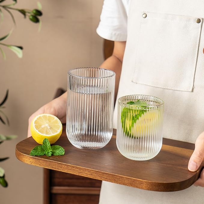 Ribbed Drinking Glasses 8pcs, Rocks Drinking Glasses 12oz and 10oz, Tumbler