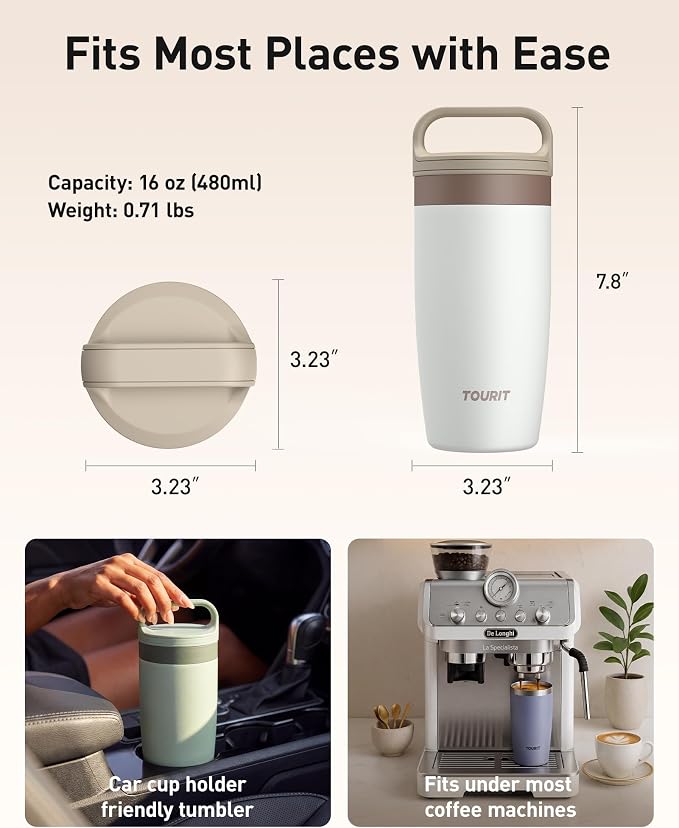TOURIT Travel Coffee Mug 16 oz, Leakproof 2-Part Drink Lid Tumbler, Off-White |