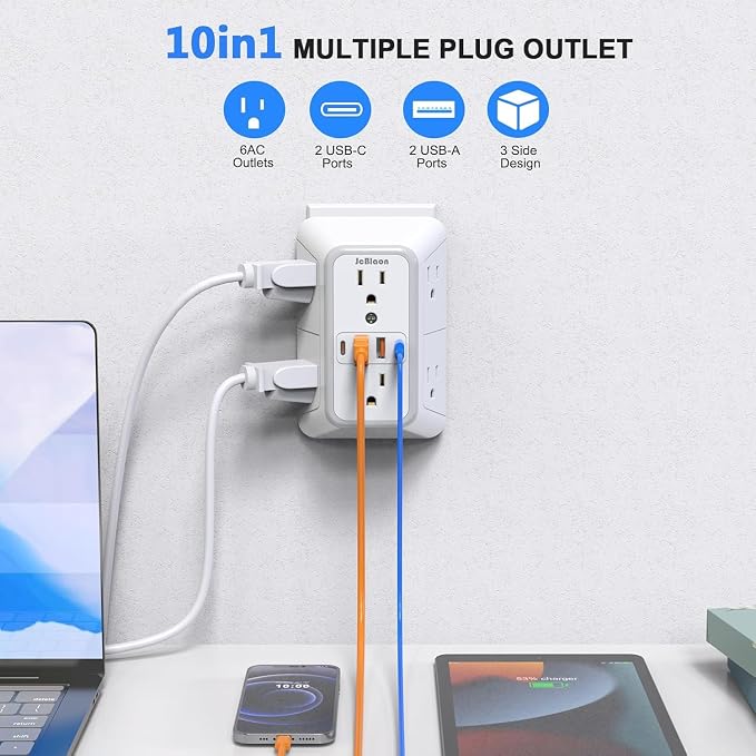 2 Pack Wall Charger, Surge Protector 6 Outlet Extender Multi Plug Wall Outlets