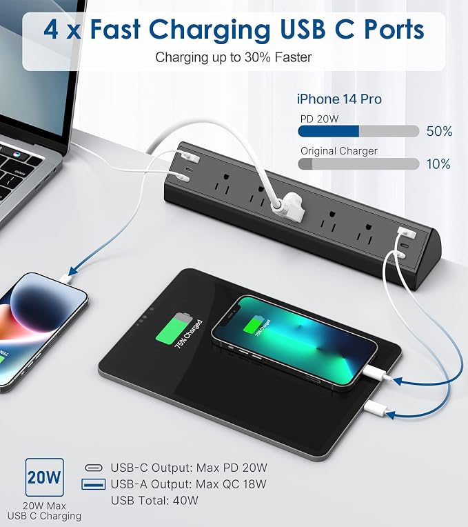 Desk Clamp Power Strip USB C, Under Desk Mount Power Station, 20W Fast Charging