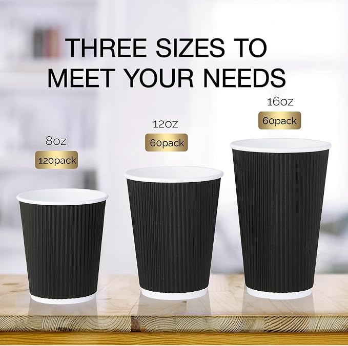 JollyPack Disposable Paper Coffee Cups, 12 oz, 60 Pack, Insulated Ripple Wall