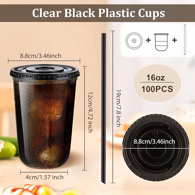 tchrules 100 Set 16oz Black Round Bottom Plastic Cups