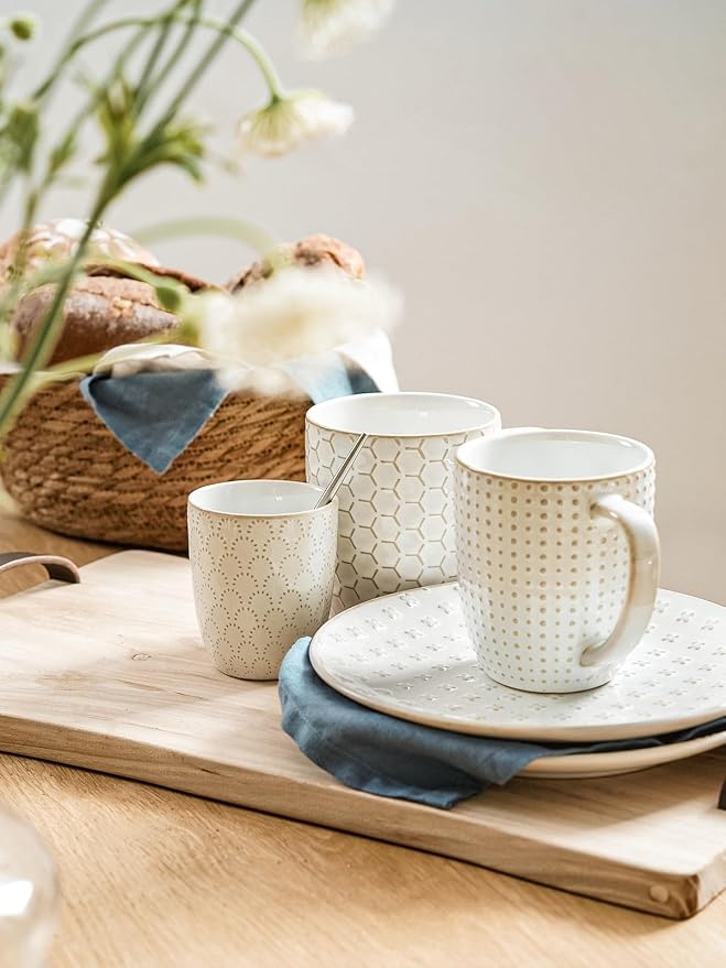 LE TAUCI Coffee Mugs 12 oz, Ceramic Mug Set Set of 4, Embossment Cups