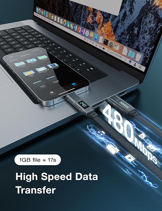4 in 1 USB C Cable with Wattage Display, 240W Flat Nylon Braided Multi Charge