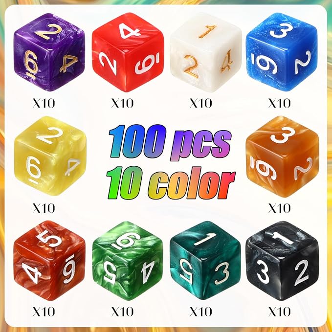 Poen 100 Pcs 16mm Dice Set Bulk, 6 Sided Standard Colored Dices