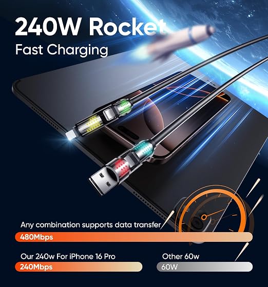 MAGIC JOHN 240W 4 in 1 Charging Cable, 6.6FT USB C to Lightning Cable, Chubby