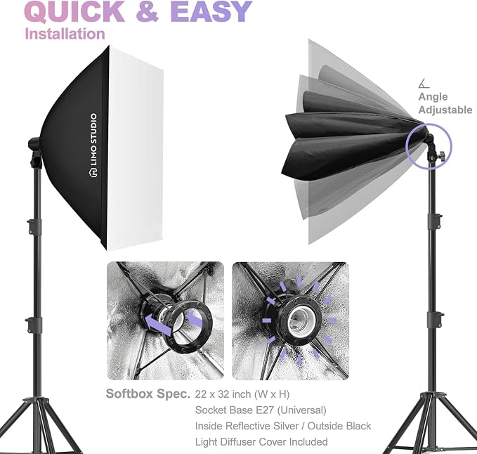 LimoStudio 3400W Output Remote Control, 22 x 32 inch Softbox 85W Bulbs Light Kit